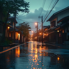 Stunning View of Japanese Pagoda at Sunset – Reflections on Wet Pavement with Glowing Lanterns