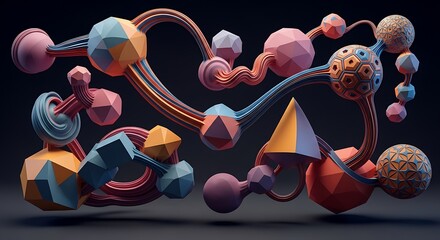 Playful geometric forms with whimsical connecting strands illustration