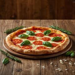 Fresh Margherita Pizza with Tomatoes and Basil on Wooden Table