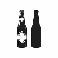 Two dark beer bottles, one with a white label and the other a silhouette, on a white background.
