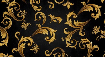 Elegant seamless pattern of golden baroque acanthus leaves and swirls on a dark black background.