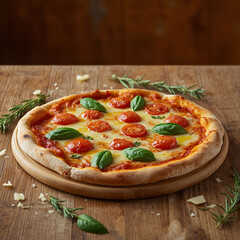 Fresh Margherita Pizza with Tomatoes and Basil on Wooden Table