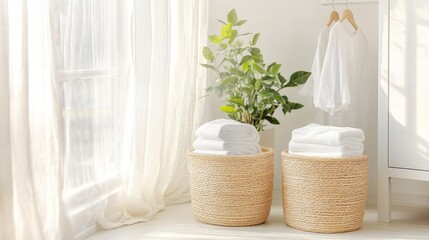 Clean and minimalistic laundry room interior with natural light, white A cozy bright