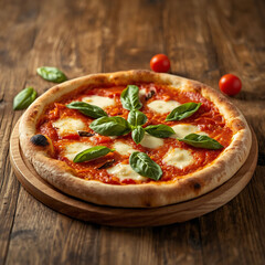 Fresh Margherita Pizza with Tomatoes and Basil on Wooden Table