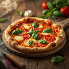 Fresh Margherita Pizza with Tomatoes and Basil on Wooden Table