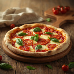 Fresh Margherita Pizza with Tomatoes and Basil on Wooden Table