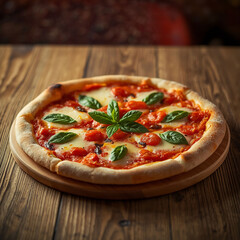 Fresh Margherita Pizza with Tomatoes and Basil on Wooden Table
