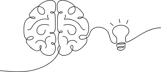 Brain and lightbulb continuous line drawing idea thinking