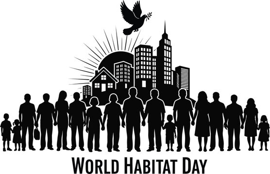 Silhouette illustration for world habitat day featuring a diverse group of people a dove and a cityscape promoting community and sustainable urban development for all people across the globe - Powered by Adobe