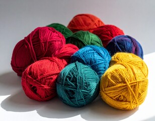 "Close-up of hand-spun yarn skeins in vibrant colors (red, blue, green, yellow) placed on a white background with soft natural shadows. Emphasize uneven texture and artisanal quality. 1:1 ratio, HD qu