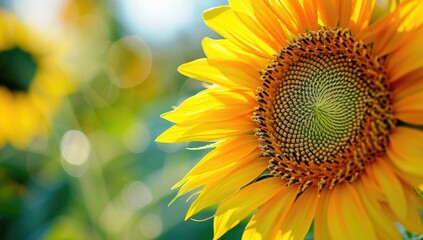 Fototapeta premium Close-up of a vibrant sunflower in a field, bathed in sunlight, with a shallow depth of field blurring the background