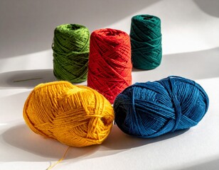 "Close-up of hand-spun yarn skeins in vibrant colors (red, blue, green, yellow) placed on a white background with soft natural shadows. Emphasize uneven texture and artisanal quality. 1:1 ratio, HD qu