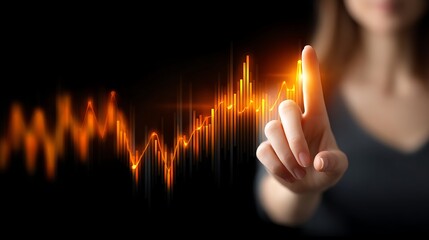 Woman Touching Digital Data Visualization with Fiery Glow on Black Background for Technology and Innovation Concepts