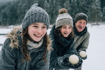 Fototapeta premium Family throwing snowballs together in alpine snow
