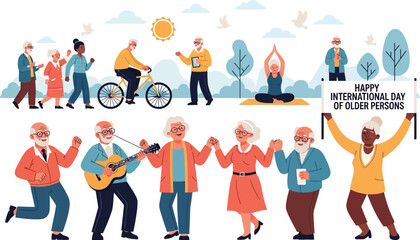 Diverse group of active older adults celebrating international day of older persons with activities like yoga cycling walking playing guitar and holding a banner outdoors