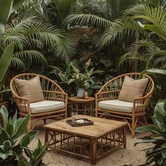 Tropical Serenity Bamboo Lounge Chairs Surrounded by Lush Greenery for Relaxation and Tranquility in a Natural Oasis