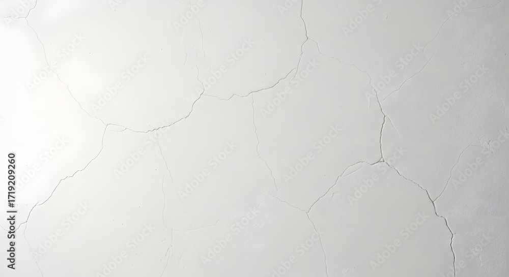 Poster cracked white wall texture with irregular patterns, showcasing aged plaster in a minimalistic settin