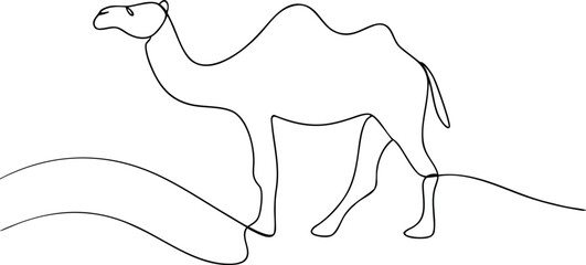 Single line drawing of a dromedary camel standing on sand dunes