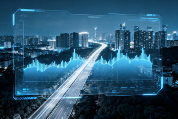 Futuristic cityscape with digital data overlay on a highway at night