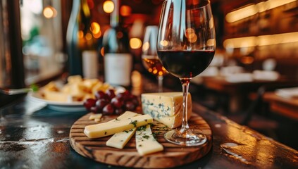 A wooden board holds a selection of cheeses, grapes, and sprigs of herbs, accompanied by glasses of red and white wine, set against a warmly lit restaurant backdrop