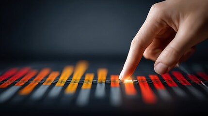 Close-Up of Finger Pressing Colorful Sound Wave Bars on Digital Display for Music or Audio Control