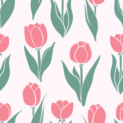 A versatile vector seamless pattern. This abstract design features vibrant stylized tulips, creating a dynamic and cheerful texture against a clean white background.