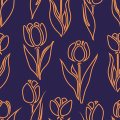 A versatile vector seamless pattern. This abstract design features yellow stylized tulips, creating a dynamic and cheerful texture against a dark background.