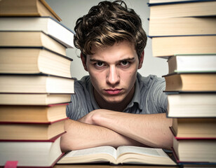 student, pupil, books, reading, one person, photography, exhausted, fatigue, horizontal, intelligence, sadness, teenage, test, distraught, expression, tired, challenge, contemplation, effort