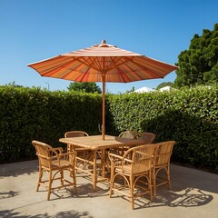 Fototapeta premium Bamboo Outdoor Dining Set Under a Striped Umbrella on a Sunny Day
