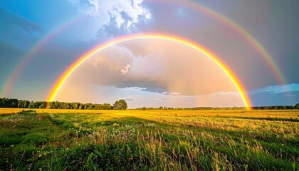 Naklejka premium Subtle double rainbow remnant over calm field soft rain texture central copy area representing gentle weather optics and pastoral serenity suitable for education visuals travel inspiration