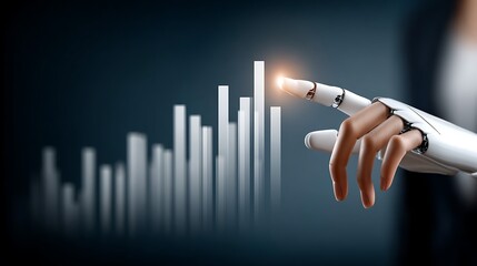 Robot Finger Touching Data Visualization Bar Graph in Futuristic Business Concept with Technology and Innovation Theme