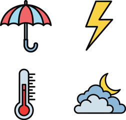 Four weather icons with umbrella, lightning, thermometer, and moon with clouds
