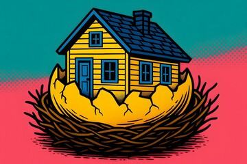 Home Nest Egg Illustration with Cracked Eggshell for Real Estate and Financial Planning