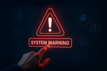 System Warning Alert on Digital Interface with Hand Pointing to Notification of Security Breach