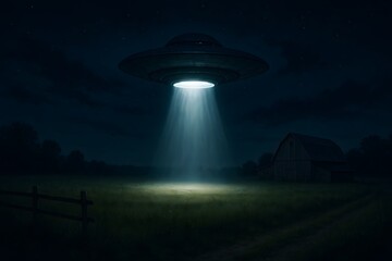 Unidentified Flying Object Hovering Over Rural Landscape at Night with Beam of Light Shining Down