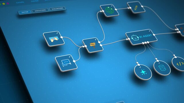 Closeup of AI automation workflow with intelligent agent connecting data, code, and tools, looped animation
