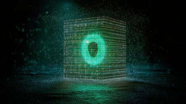 Futuristic three dimensional cube made of binary code numbers glowing with green light, forming a secure padlock shape while particles emanate from its top in a dark, abstract environment