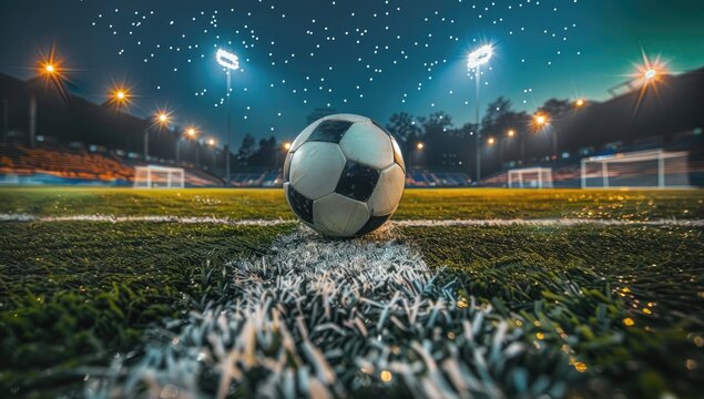 A soccer ball sits at midfield on a dewy, illuminated field at night under a sparkling sky