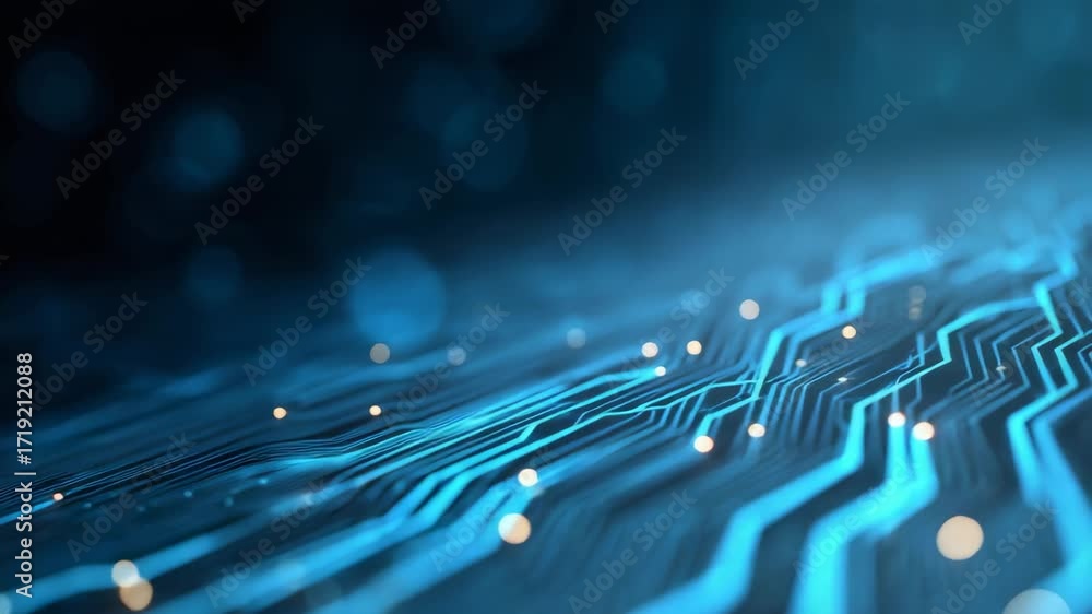 Poster digital network visualization featuring glowing particles traversing interconnected circuit board, r