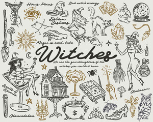 Witches Whimsical Set - vector hand drawn illustration collection