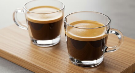 Two Freshly Brewed Espresso Shots in Glass Mugs on Wooden Board