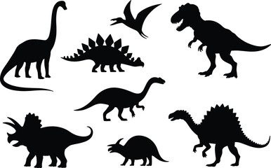 Dinosaur silhouette vector set, prehistoric animal icons, black dino shapes, Jurassic wildlife illustration, extinct species collection, educational clipart, isolated graphics