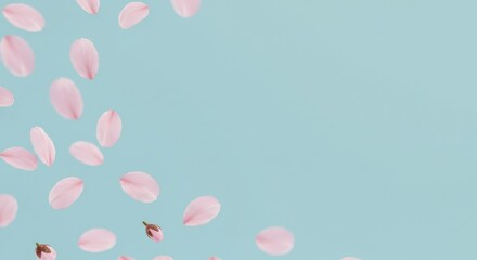 Delicate Cherry Blossom Petals on Pastel Blue Background