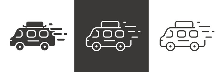 flat and linear set icons, travel on microbus icon, bus tour, minibus for tourism, simple symbols on white and black background - editable stroke vector illustration