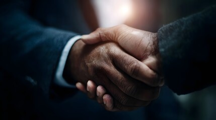 Fototapeta premium Two business professionals shaking hands symbolizing agreement and successful partnership in a corporate setting