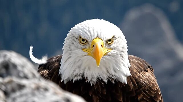 A close-up of a majestic bald eagle, perched on a rock, lowering and then raising its head to stare directly at the camera with its intense yellow eyes.


