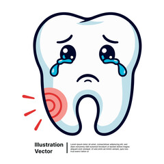 Tooth with toothache crying tears with a red sore area in a cartoon medical illustration