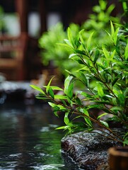 Lush green foliage overhangs a dark, tranquil pond near a rustic structure.  The water appears calm, reflecting the surrounding greenery
