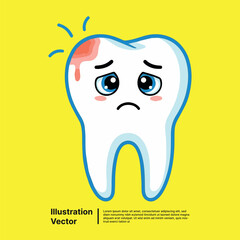 Sad Tooth with Injury Dental Health Concern Illustration on Yellow Background