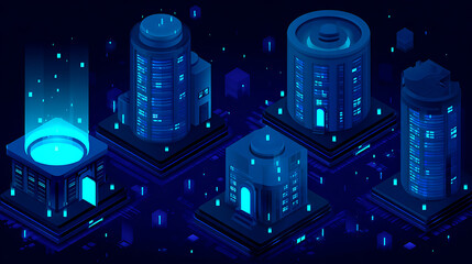 Isometric futuristic cityscape with glowing blue buildings and digital elements at night